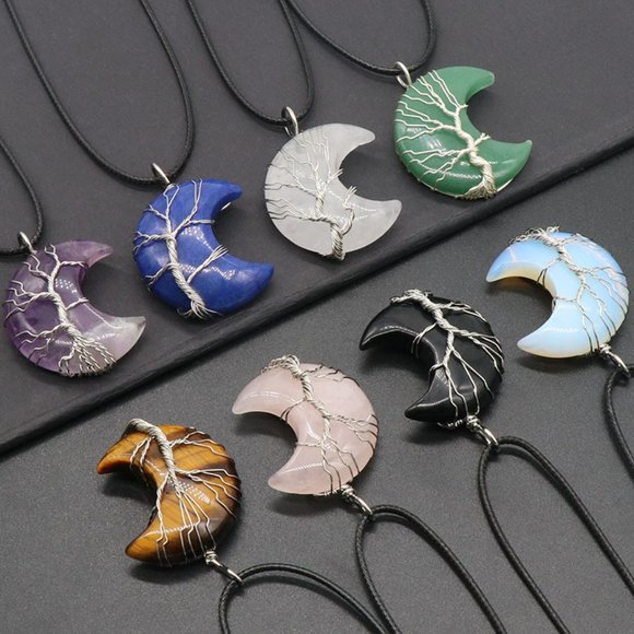 Jewelry - Tree Of Life Wire Wrapped Moon Pendant / Healing Reiki Crystal Necklace